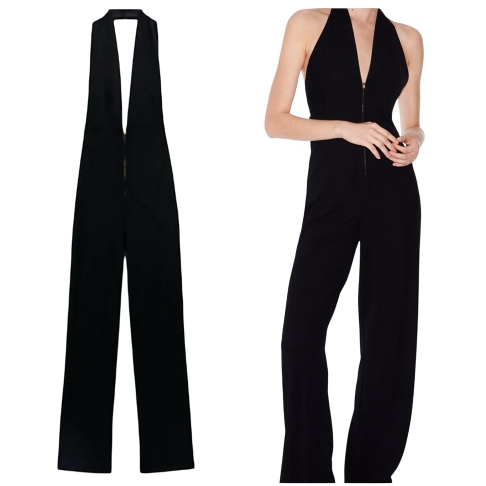 Zara Zip Front Wide Leg Halter Jumpsuit Black Stretchy Medium Low Cut - Picture 4 of 16